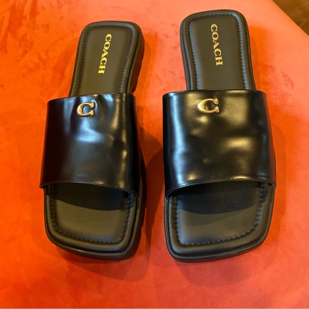 Coach Black Leather Slide Sandals